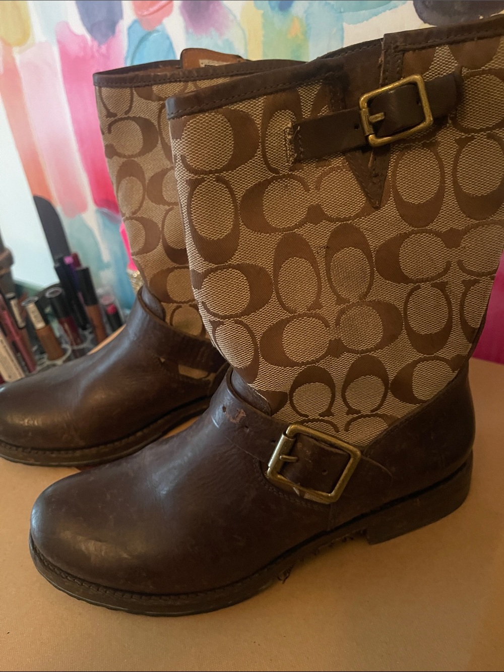 FRYE X Coach Brown Leather & Signature Canvas Veronica Booties